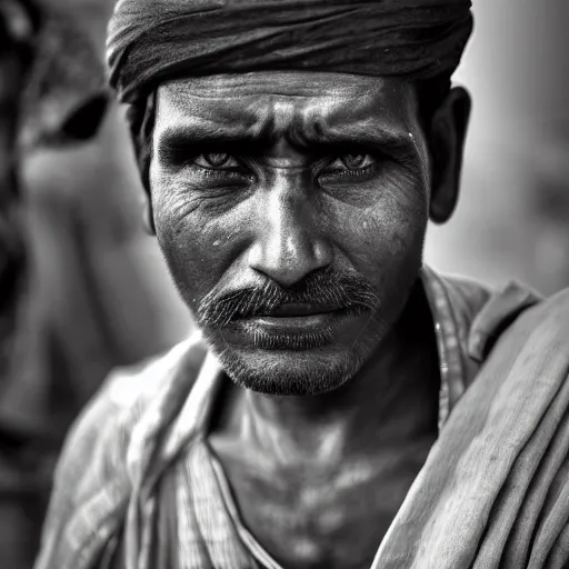 Prompt: a dramatic portrait of worker from india, cinematic lighting