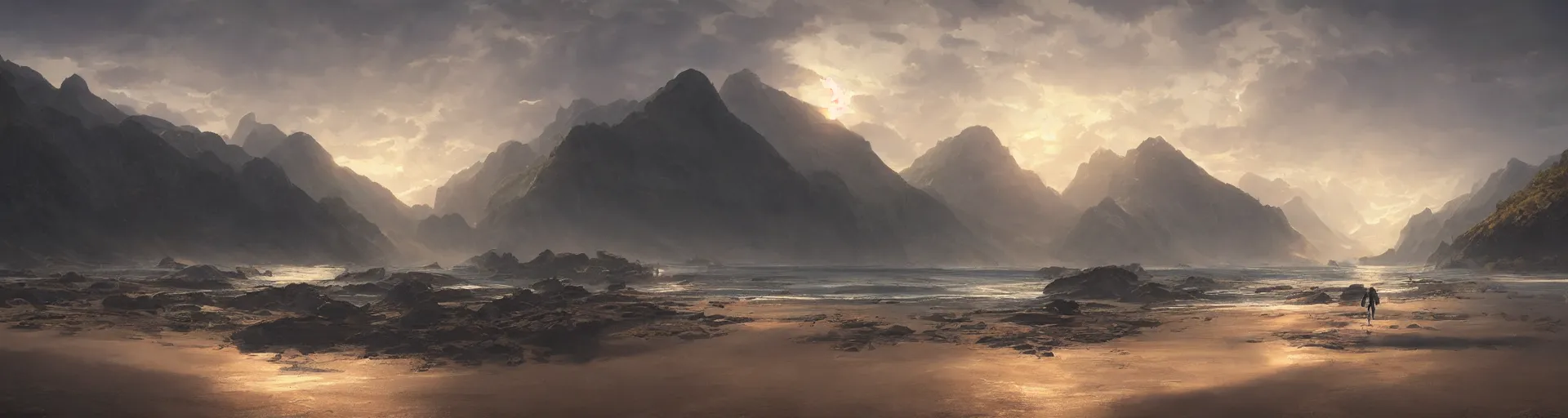 Prompt: beautiful render of a landscape, unreal engine, first light, majestic mountains, beach, sand, beautiful sunrise, soft light, by greg rutkowski, cgsociety