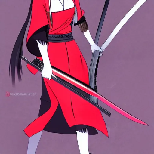 Prompt: female samurai in red and black dress holding a katana, anime style, digital art, artstation, devian art, hd