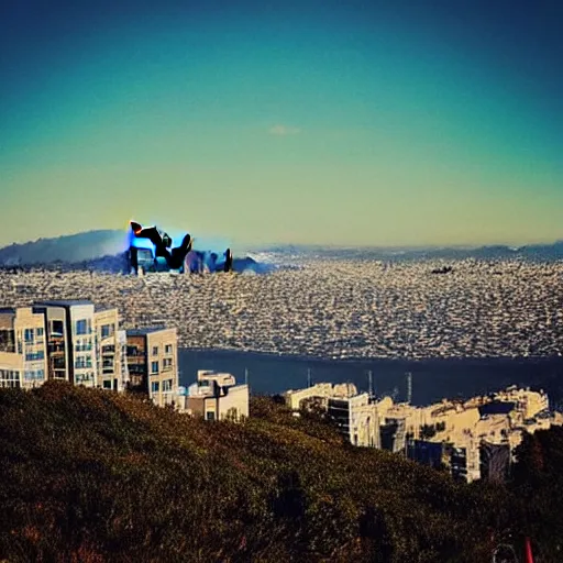 Image similar to “happy photo of twin peaks in San Francisco on a clear sunny day, surrounded by hearts in the sky”