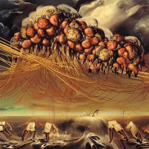 Prompt: a giant mess of women bodies with spaghetti bolognesa and meatballs flying in the stormy sky by dali