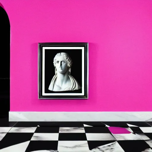 Image similar to a greco - roman marble bust sits on a pink and black checkerboard tile floor, a pink wall in the background with a framed photo of a cityscape at night