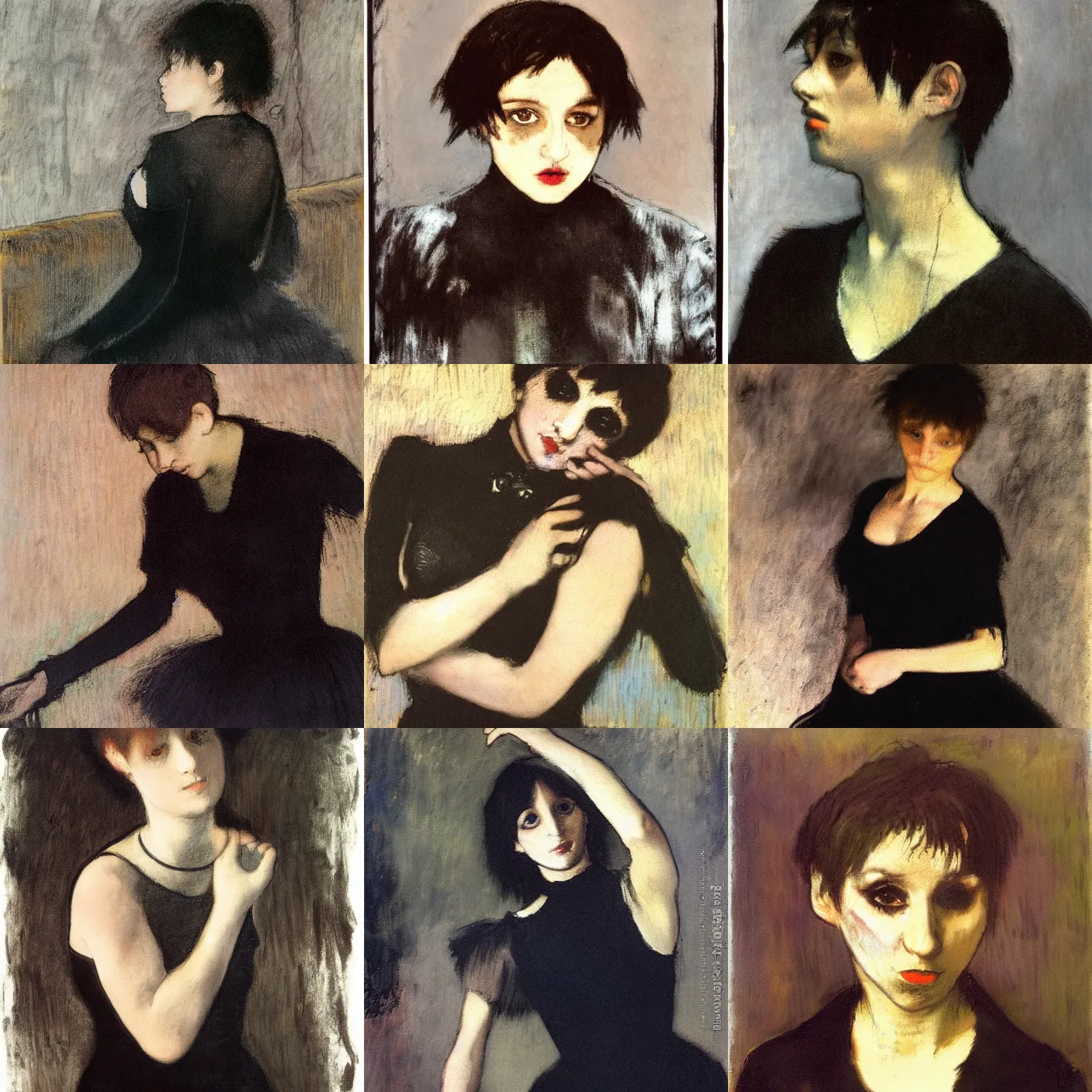 Prompt: an emo by edgar degas. her hair is dark brown and cut into a short, messy pixie cut. she has large entirely - black evil eyes. she is wearing a black tank top, a black leather jacket, a black knee - length skirt, a black choker, and black leather boots.