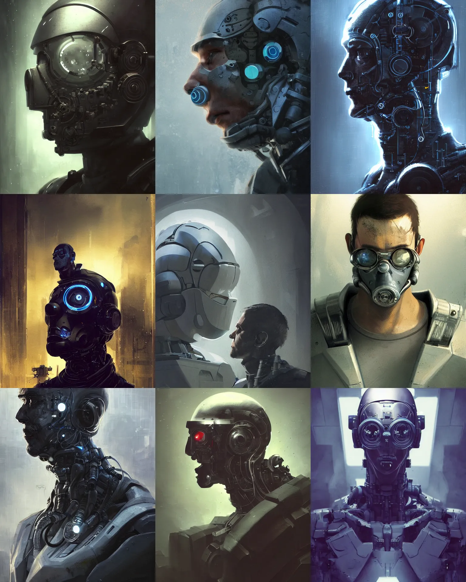 Prompt: a half - masked calm laboratory engineer man with cybernetic enhancements as seen from a distance, scifi character portrait by greg rutkowski, esuthio, craig mullins, 1 / 4 headshot, cinematic lighting, dystopian scifi gear, gloomy, profile picture, mechanical, half robot, implants, steampunk