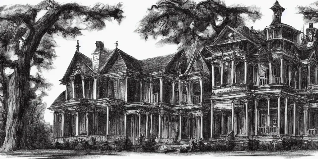 Image similar to technical drawing of a haunted mansion, hyper realistic, dramatic shadows, gothic