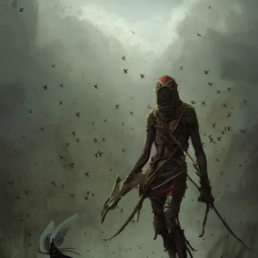 Image similar to a skinny weak hunter from Stone Age, trying to survive surrounded by bees Greg Rutkowski and Raymond Swanland, Trending on Artstation, cloudy background, ultra realistic digital art