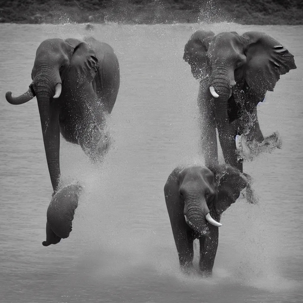 Image similar to “a black and white photo of a single elephant splashing water by Maties Palau Ferré, featured on flickr, arabesque, national geographic photo, ilford hp5, majestic”