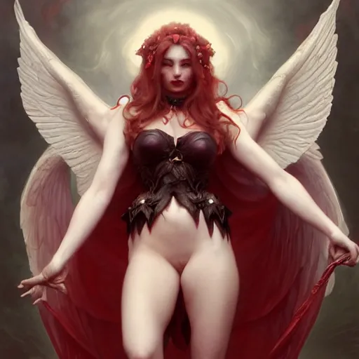 Image similar to Beautiful pale laughing succubus with wings and devil's horns, red lighting, masterpiece 4k digital illustration by Ruan Jia and Mandy Jurgens and Artgerm and william-adolphe bouguereau, highly detailed, trending on artstation, award winning,