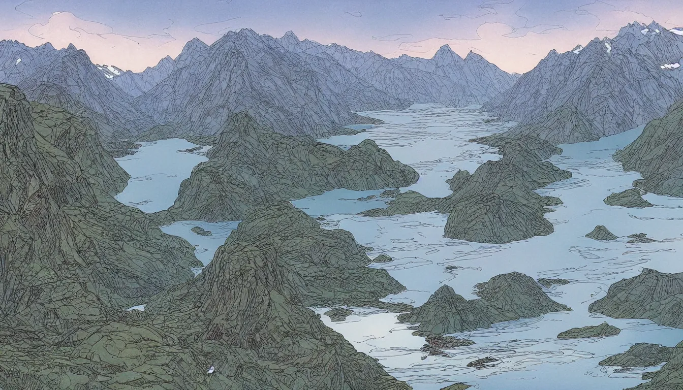 Image similar to epic fjords by moebius