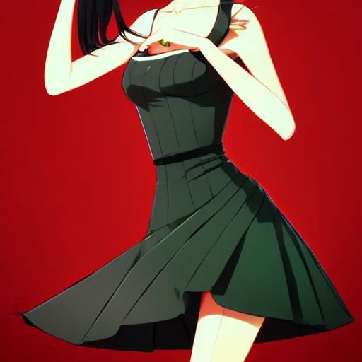 Image similar to elegent girl with grey hair and green eyes, wearing a red and black color dress, in the style of and ilya kuvshinov and greg rutkowski, high quality anime artstyle, intricate