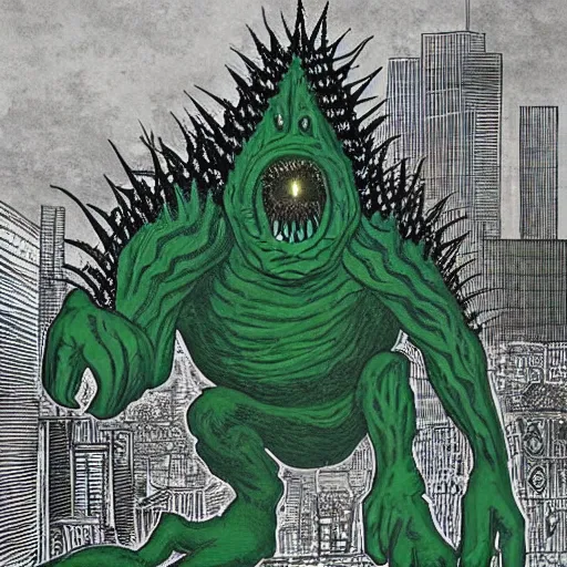 Prompt: by nick walker, by david a. hardy deep green, shaders lush. a beautiful illustration of a large, monster looming over a cityscape. the monster has several eyes & mouths, & its body is covered in spikes. it seems to be coming towards the viewer, who is looking up at it in fear.