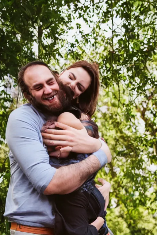 Image similar to giant man hugging little woman, full - grown woman being cradled in a giant's arms, wholesome, modest, romantic