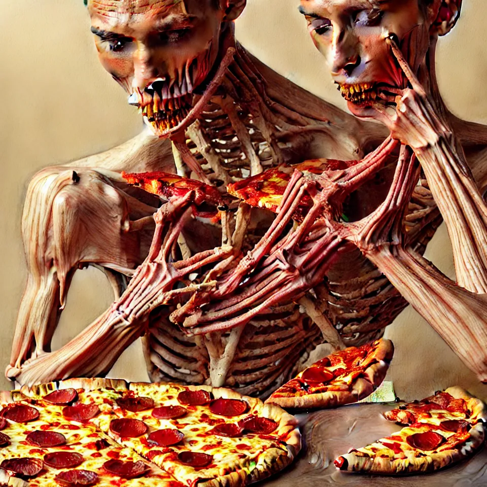 Image similar to bright realistic anorexic man ribs boney eating his girlfriend, pizza, pasta, puke, appartment, rotten flesh, diffuse lighting, fantasy, intricate, elegant, highly detailed, lifelike, photorealistic, digital painting, artstation, illustration, concept art, smooth, sharp focus, art by jenny saville