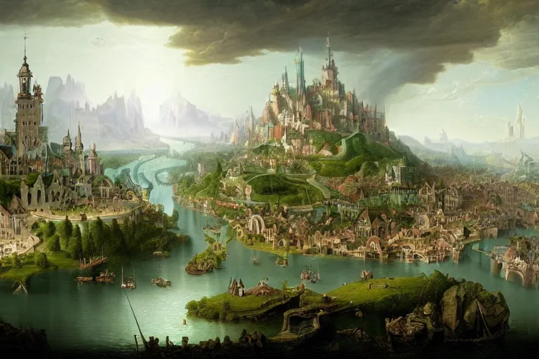 Prompt: a beautiful complex insanely detailed matte painting of a magical city on the river Styx by Heironymous Bosch and Bernardo Bellotto and Tyler Edlin and James Gurney