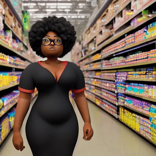 Prompt: high quality, highly detailed, still of black bbw woman in wal-mart, follow shot, 3d, in the style of pixar, comic book style, 3d, highly detailed, 16k resolution, octane renderer, coherent, cinematic lighting