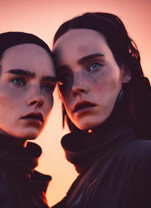 Image similar to cinestill 5 0 d photographic portrait of two sultry loving female androids wearing rugged black techwear on a desolate plain with a red sky, extreme closeup, cyberpunk style, garters, dust storm, 8 k, hd, high resolution, 3 5 mm, f / 3 2, ultra realistic faces, ex machina