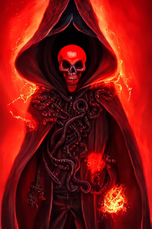 Prompt: A full body portrait of a mysterious character with a flaming skull with a very long hooded blood red and black cloak, tentacles coming out the ground art by Jason Chan and Shaddy Safadi, ominous, cosmic horror, trending on artstation, Ultra detailed, hyper realistic 4k