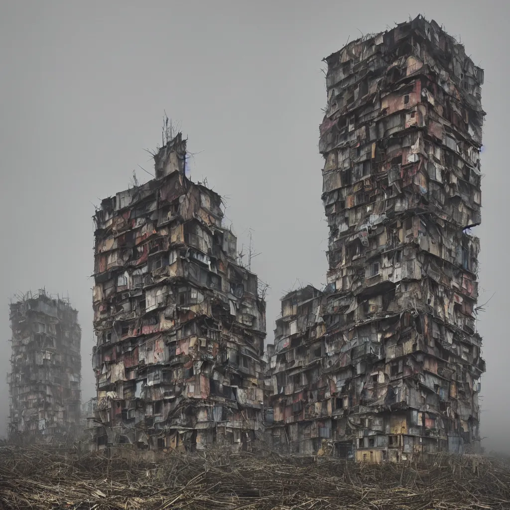 Image similar to close - up view of a tower made up of makeshift squatter shacks with faded colours, moody cloudy sky, uneven fog, dystopia, mamiya, fully frontal view, very detailed, photographed by andreas gursky