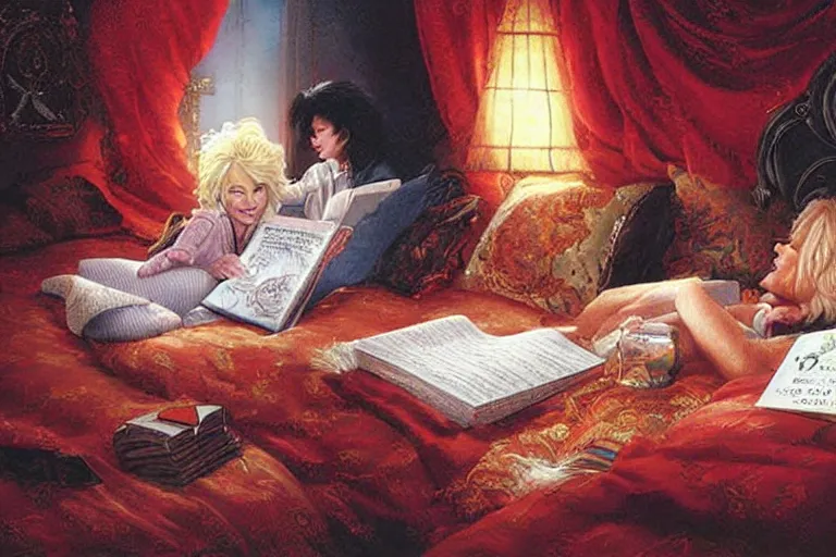 Image similar to portrait of dolly parton reading a bedtime story to michael jackson in bed, an oil painting by ross tran and thomas kincade