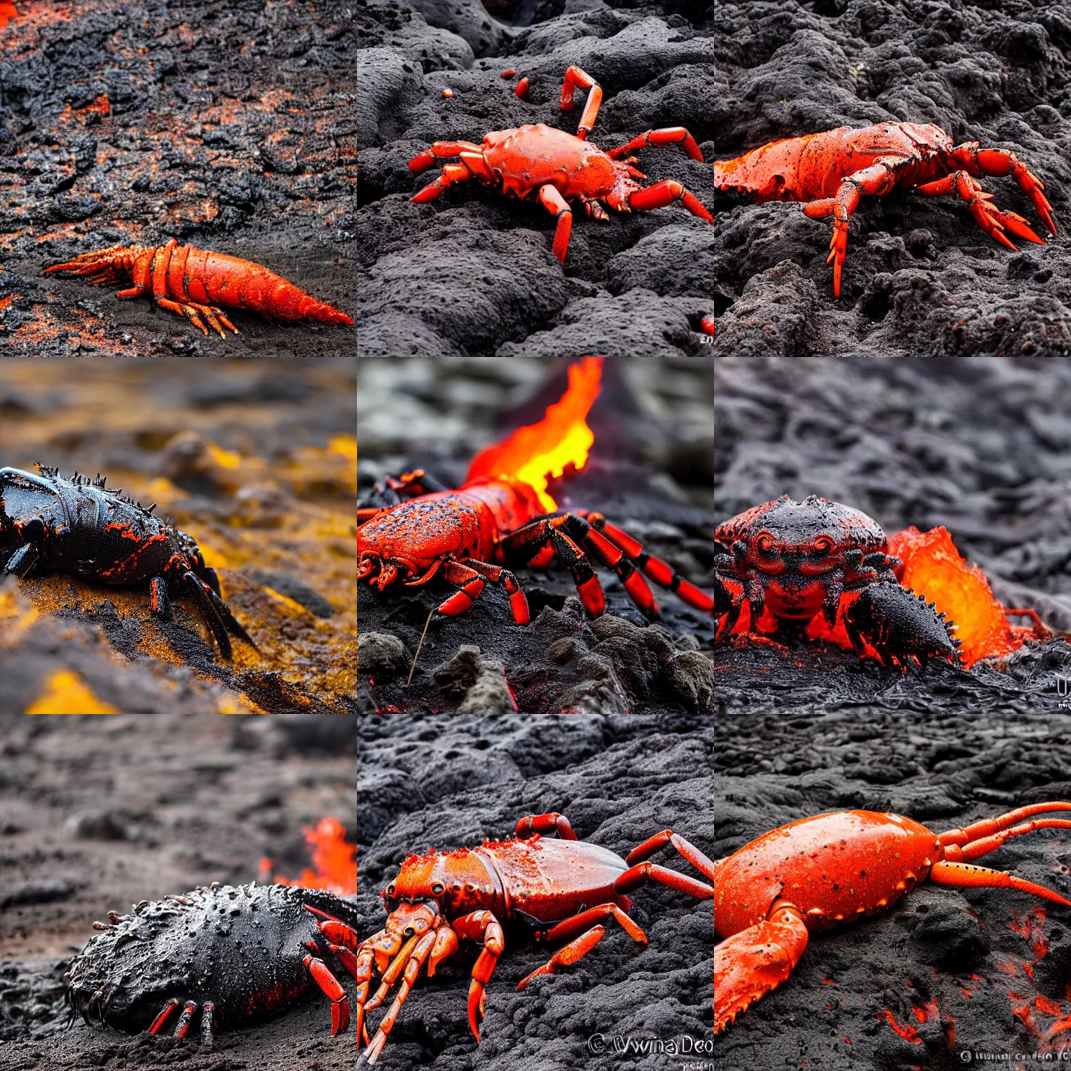 Prompt: a lava lobster covered in lava, oozing lava, dripping lava, puddles of lava, found on a volcano, wildlife photography