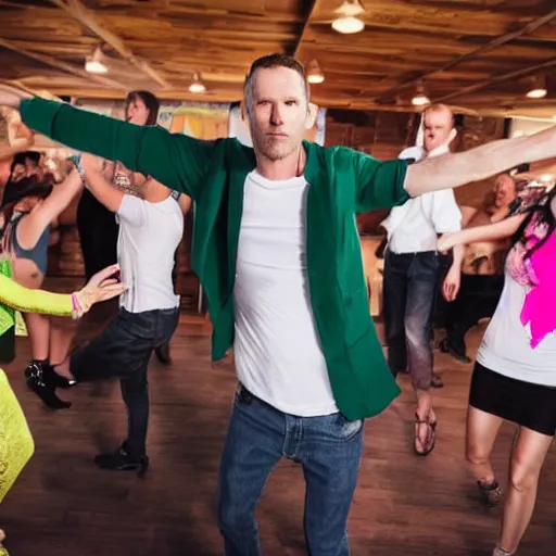 Image similar to photo of a 4 0 year old white man living thinking he's living the best life possible. he looks young for his age. he is at a dance club, it's as if he were in a music video. woman are flocking to him and can be seen dancing around him in a seductive manner.