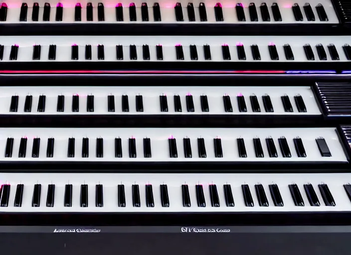 Prompt: photo still of a rack of keyboard synthesizers, 8 k