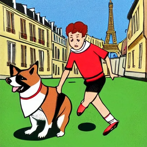 Image similar to illustration of french boy on the streets of paris playing football against a corgi, the dog is wearing a polka dot scarf, comic, 1 9 7 2