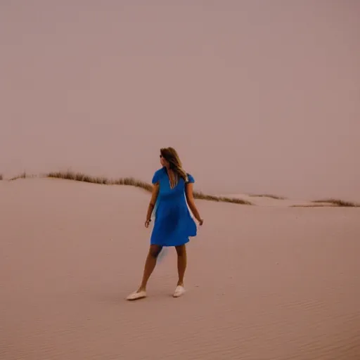 Prompt: woman in a summery pink dress and sunglasses walking through the dunes away from the sea towards the camera, blue sky, cirrus clouds