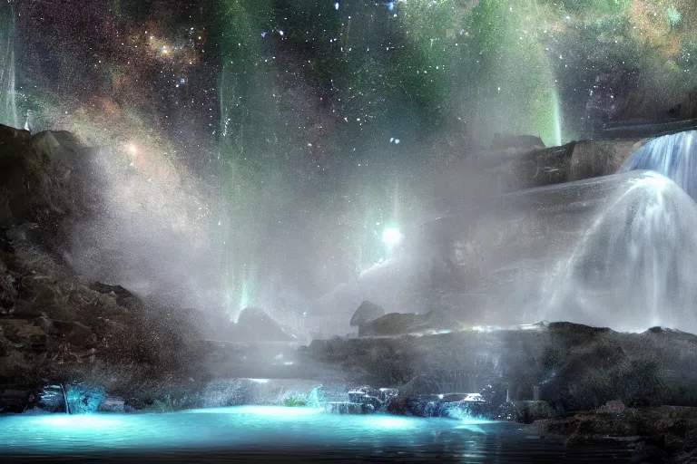 Image similar to A waterfall that is made up of stars. Cinematic lighting. Photorealism.