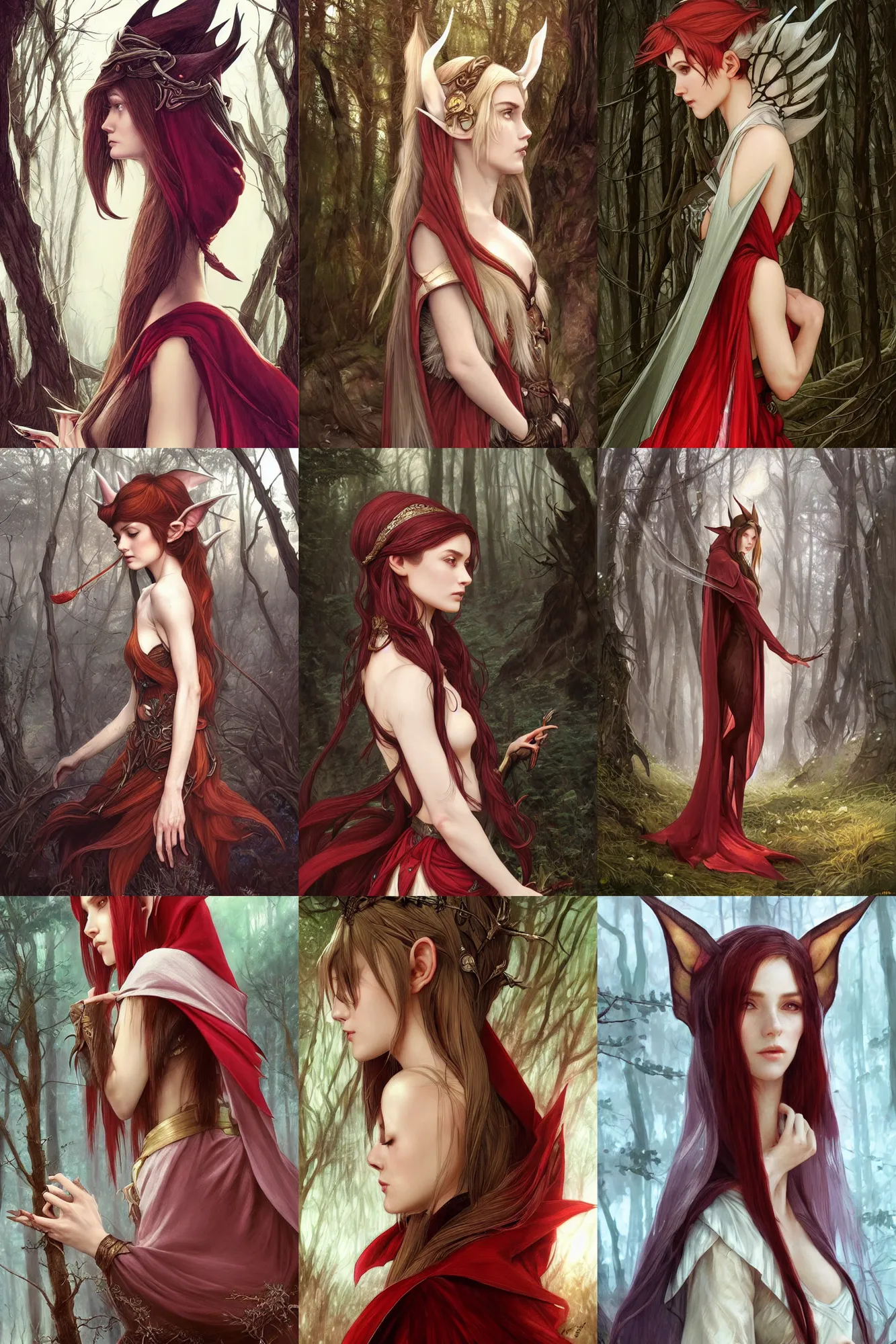 Prompt: side portrait high-fantasy elf girl with detailed pointed sharp thin long ears, elegant outfit large cloak, fantasy forest landscape, moonshine, fantasy magic, feathery red hair, dark light night, intricate, elegant, sharp focus, illustration, highly detailed, digital painting, concept art, matte, art by WLOP and Artgerm and Greg Rutkowski and Alphonse Mucha, masterpiece