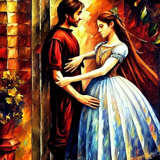 Prompt: highly detailed painting of shakespeare's romeo and juliet, last scene. intricate, high quality oil painting artstyle, in the style of leonid afremov, deviantart, figurative art, deviantart, ilya kuvshinov, lovecraftian, very detailed face, portrait