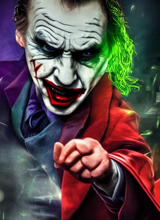 Prompt: Liam Neeson as the Joker, defeating Batman, realistic, digital art, 4k, cinematic lighting, explosion in the background