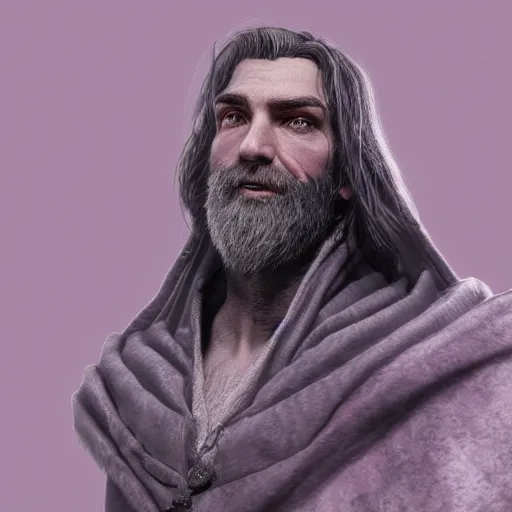 Image similar to a highly detailed portrait of a man without a beard, purple eyes, light gray long hair, wearing a black cloak, artstation, DeviantArt, professional, octane render