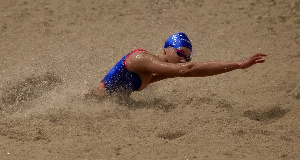 Image similar to olympic swimming in sand instead of water, extremely coherent, motion blur