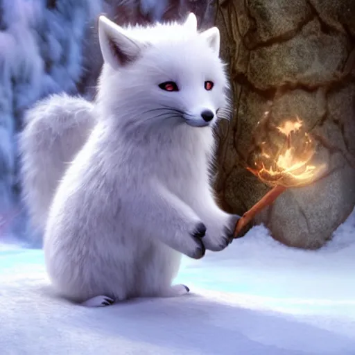 Image similar to hyper realistic snowfox in a fantasy movie casting a healing spell
