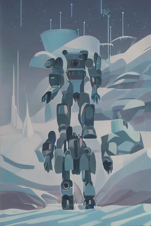 Image similar to giant mecha robot fight with giant сyclops with laser, arctic snow landscape and pillars by helen lundeberg