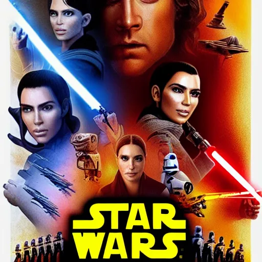 Image similar to super detailed star wars movie poster with Jesus Christ and kim kardashian, 8k full HD photo, cinematic lighting, anatomically correct, oscar award winning, action filled, correct eye placement,