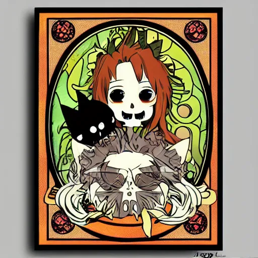 Image similar to anime manga skull portrait kitten cat disney cartoon simpsons skeleton illustration style by Alphonse Mucha pop art nouveau