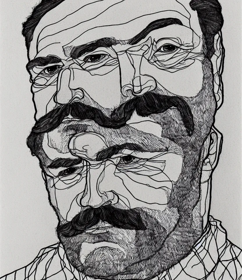 Image similar to detailed line art portrait of ernest hemingway, inspired by egon schiele. caricatural, minimalist, bold contour lines, musicality, soft twirls curls and curves, confident personality, raw emotion