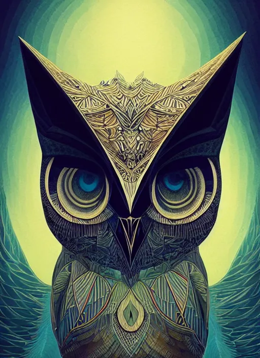 Image similar to portrait of a geometric owl, identical eyes, medium shot, illustration, full body made of white feathers, symmetrical, art stand, super detailed, cinematic lighting, and its detailed and intricate, gorgeous, by peter mohrbacher