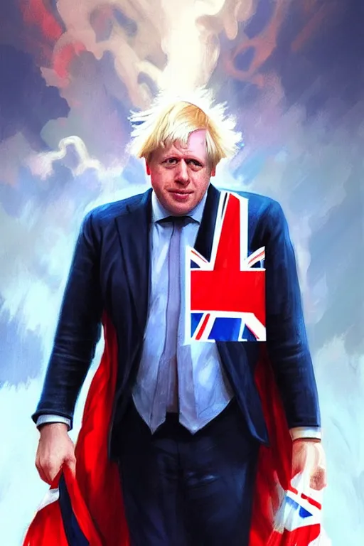 Image similar to Boris Johnson as a superhero Captain Great Britain with Union Jack on the chest, portrait, highly detailed, digital painting, artstation, concept art, smooth, sharp focus, soft volumetric lights, illustration, cinematic lighting, art by artgerm and greg rutkowski and alphonse mucha