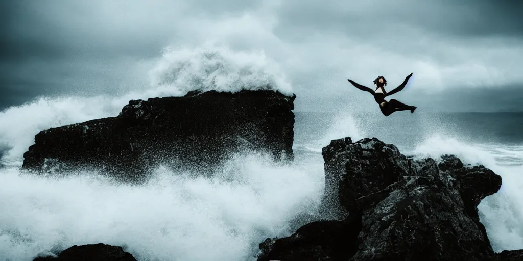 Image similar to catgirl jumping through a precipice on the coast up high, waves shattering on the rock, dramatic atmosphere, gloomy rainy weather, cinematic