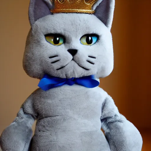 Image similar to gray anthropomorphic, cat female with a whit and chest, wearing a golden crown, big blue eyes, plushy