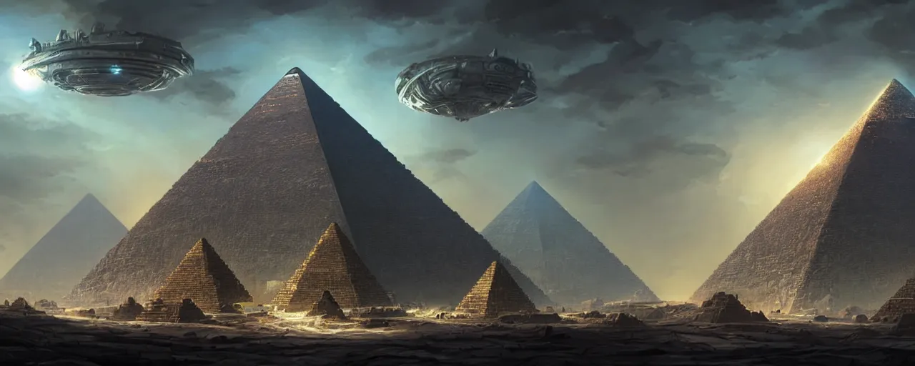 Image similar to an intricate concept art of the pyramid as alien mothership, concept art, matte painting, style by dylan cole and tyler edlin art, environment design, wide angle, unreal engine, epic lighting,