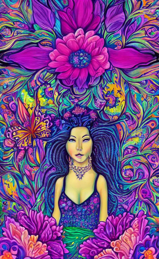 Prompt: tranquil oblivion, floral queen, artwork by artgem, art by lisa frank