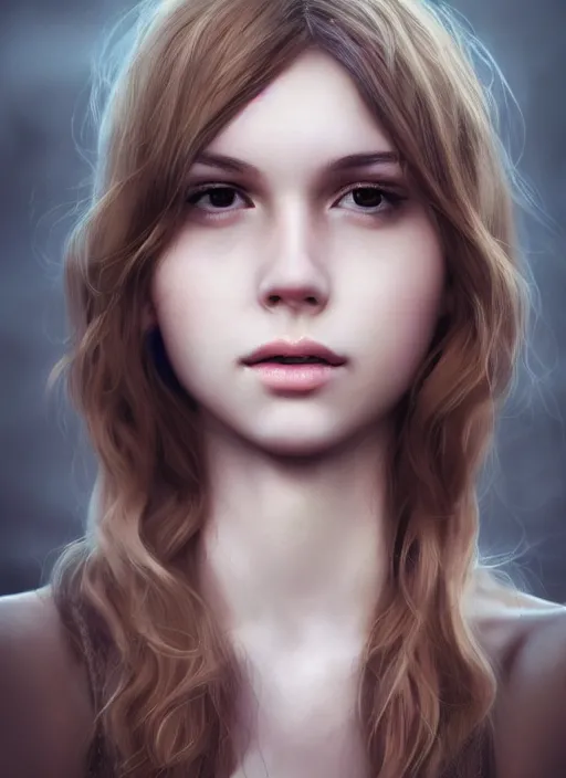 Prompt: a realistic photo portrait of beautiful 👧 with soft 👀 fashion modeling pose, full body, like a professional model, face by WLOP, body by Alex Flores, face symmetry, style of Dan Luvisi, and Charlie Bowater, rendered, cinematic color grading, muted colors, soft light, rule of thirds, cinematic