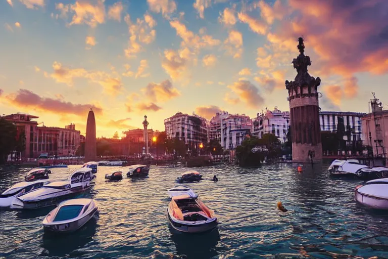 Image similar to views of people on boats on a catastrophic barcelona, buildings covered with high water, floating cars, sunset lighting, photo real