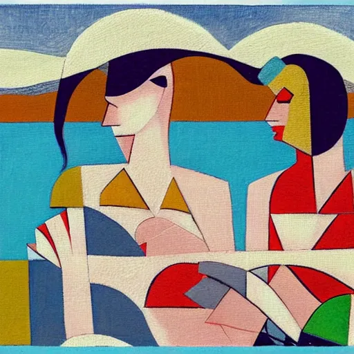 Prompt: two Women weaving the tapestry of life by the ocean with rocks all around, high quality art in the style of cubism and art deco,