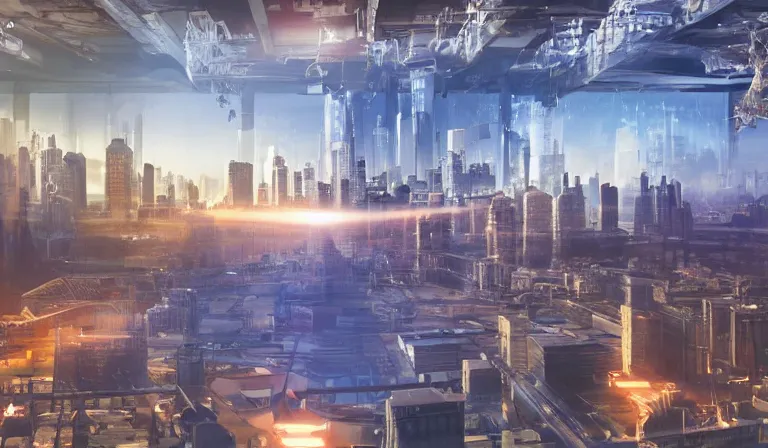 Image similar to big group of people in simple warehouse, looking at hologram of futuristic city on a table, cinematic concept art, godrays, golden hour, natural sunlight, 4 k, clear details, tabletop model buildings, center model buildings, hologram center, crane shot, crane shot, crane shot