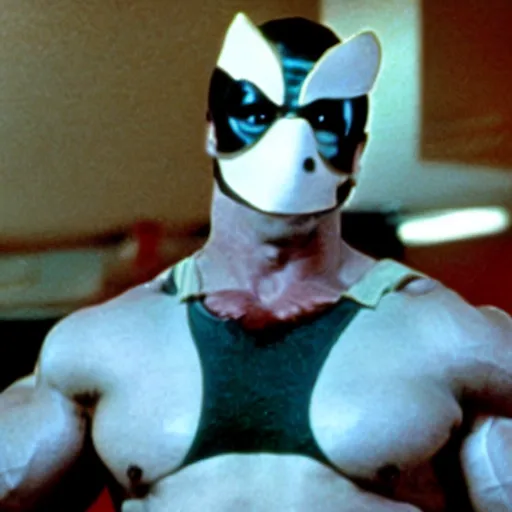 Prompt: film still of an extremely muscular man wearing a plastic goose mask, 1 9 9 8 movie